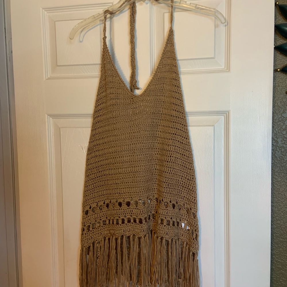 Umgee Tan Crochet Fringe Top
